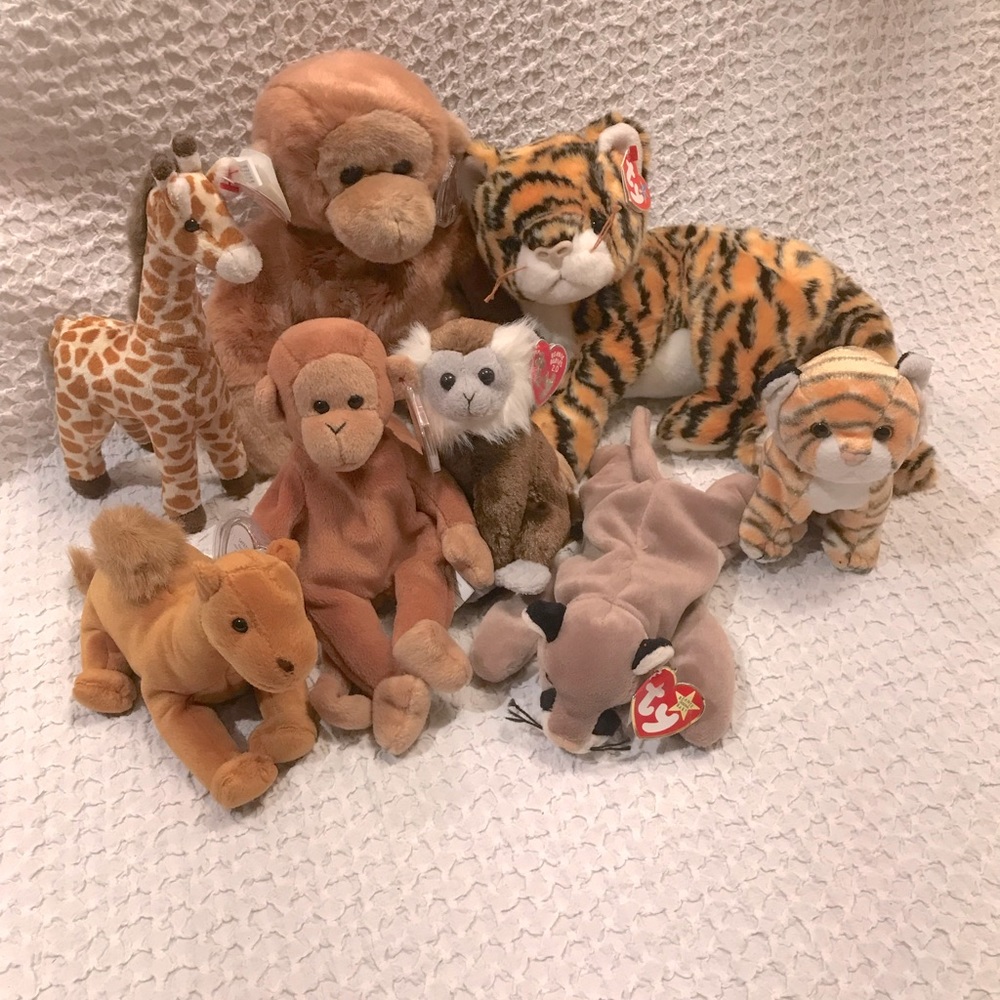 Vintage lot of 8 Beanie Buddy plush Jungle Safari animals tiger monkeys - Picture 1 of 9